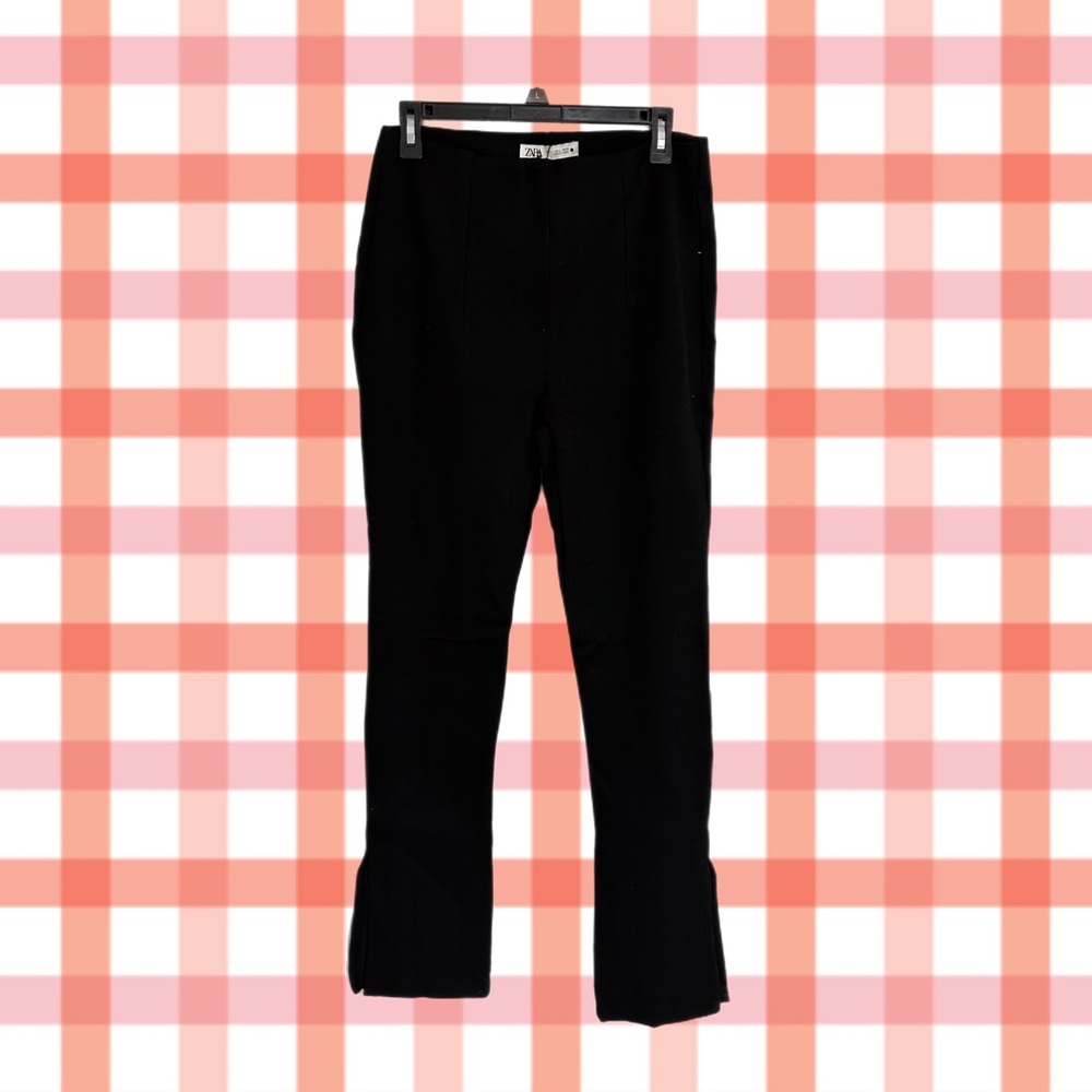 Black split hem Zara pants, small clasps on the slit closure
